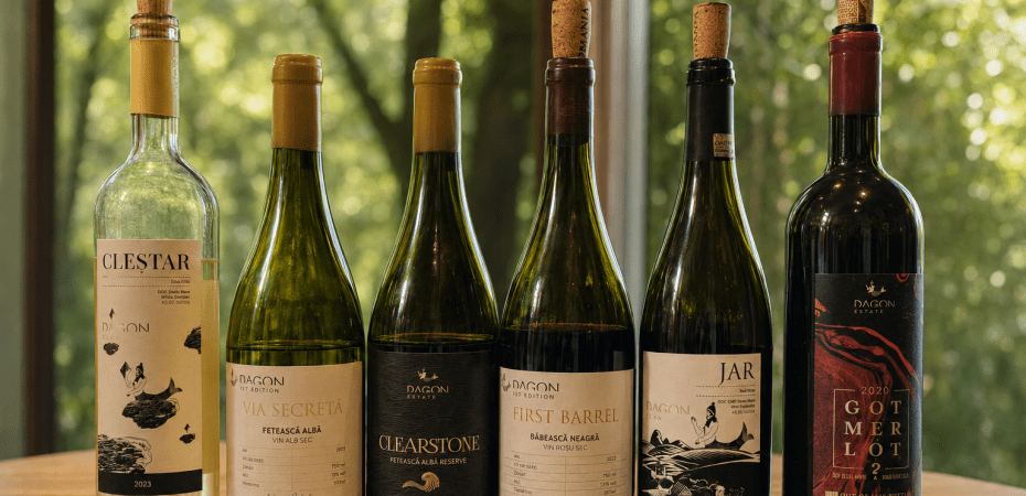 Șase sticle de vin Dagon Clan: Clestar, Via Secreta, Clearstone, First Barrel, JAR și Got Merlot